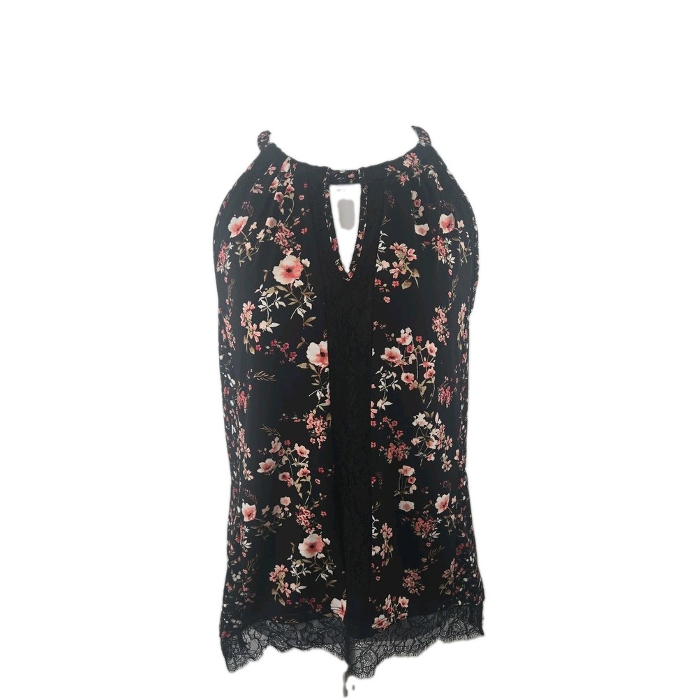 WHBM Medium Black Floral Stretch Knit Lace Trim Halter Style Top Blouse